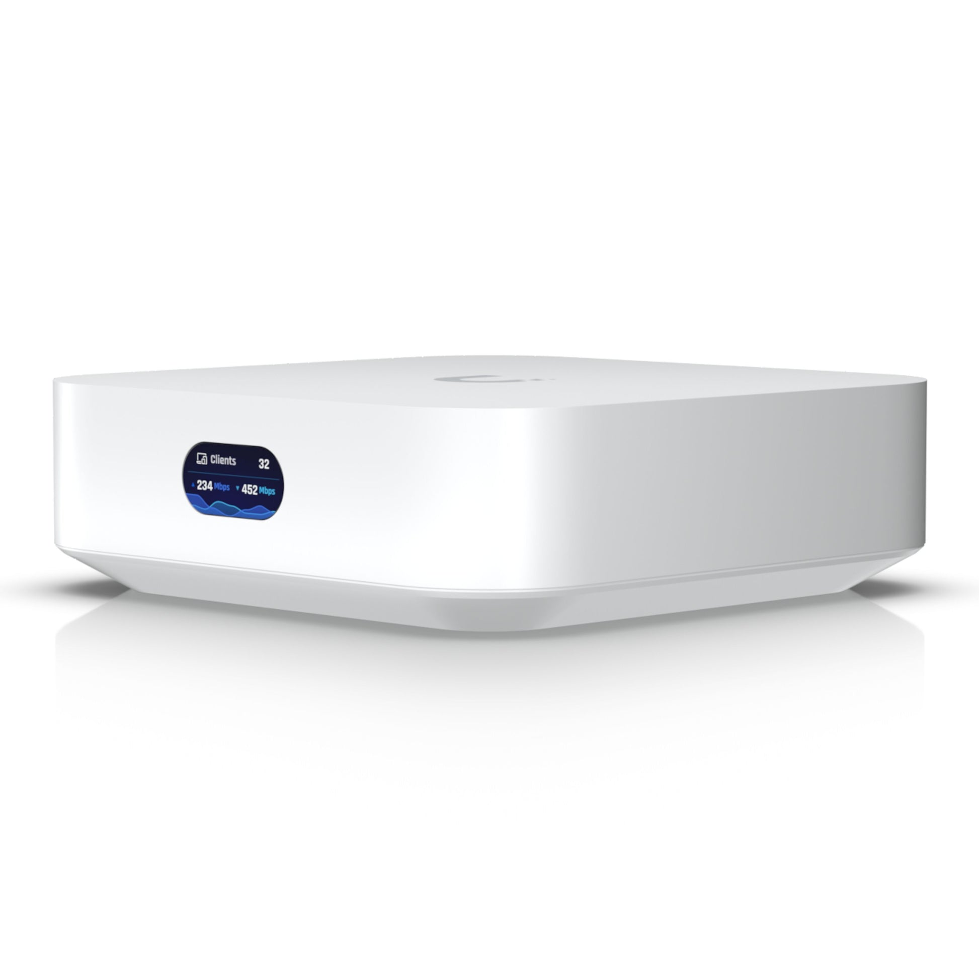 Ubiquiti UniFi Express Gateway og Accesspunkt, hvid med afrundede kanter og frontdisplay, WiFi 6.