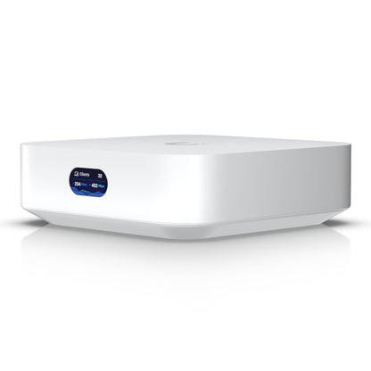 Ubiquiti UniFi Express Gateway og Accesspunkt, hvid med afrundede kanter og frontdisplay, WiFi 6.