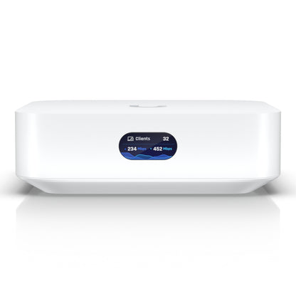 Ubiquiti UniFi Express Gateway og Accesspunkt hvid Wifi 6, digitalt display med 32 tilslutninger, 234/452 Mbps.