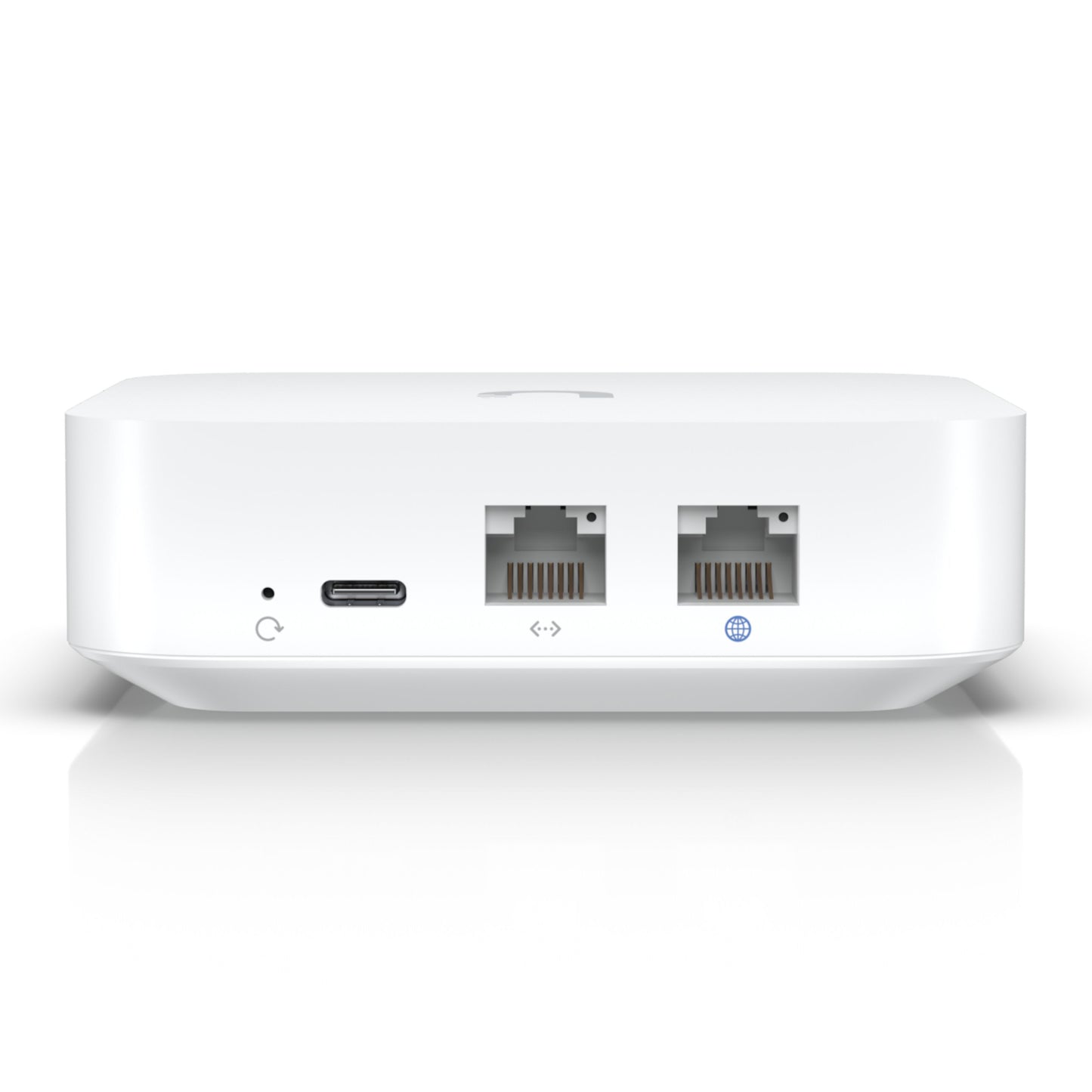 Ubiquiti UniFi Express Gateway Accesspunkt Wifi 6, hvid, rektangulær, reset-knap, USB-C og to Ethernet-porte bagpå.