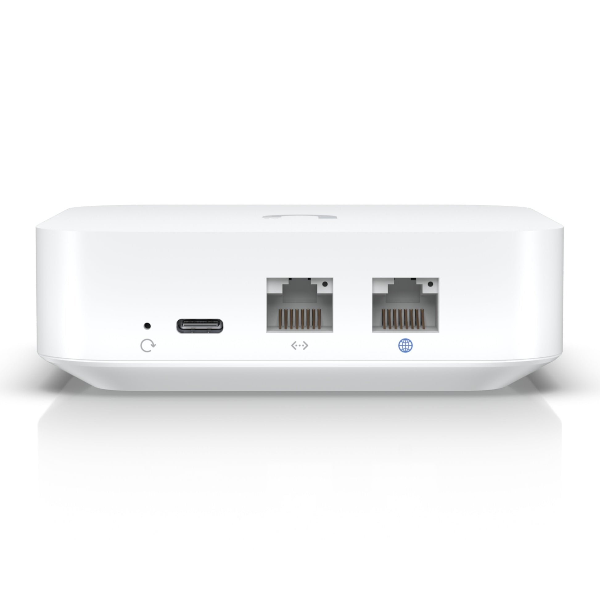 Ubiquiti UniFi Express Gateway Accesspunkt Wifi 6, hvid, rektangulær, reset-knap, USB-C og to Ethernet-porte bagpå.