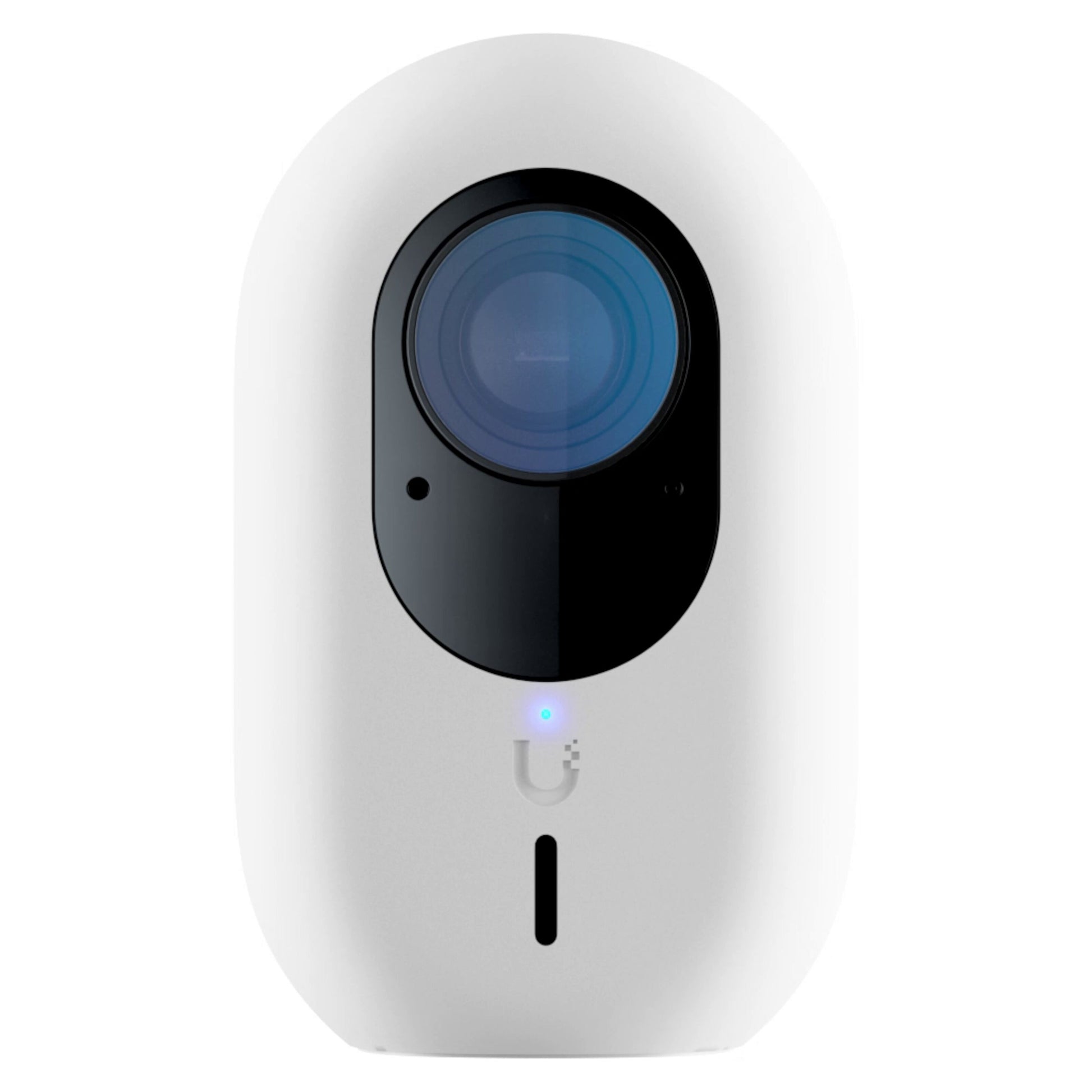 Ubiquiti G4 Instant overvågningskamera, hvid oval med sort front, stor rund linse, blå indikator og lodret slot.