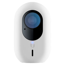 Ubiquiti G4 Instant overvågningskamera, hvid oval med sort front, stor rund linse, blå indikator og lodret slot.