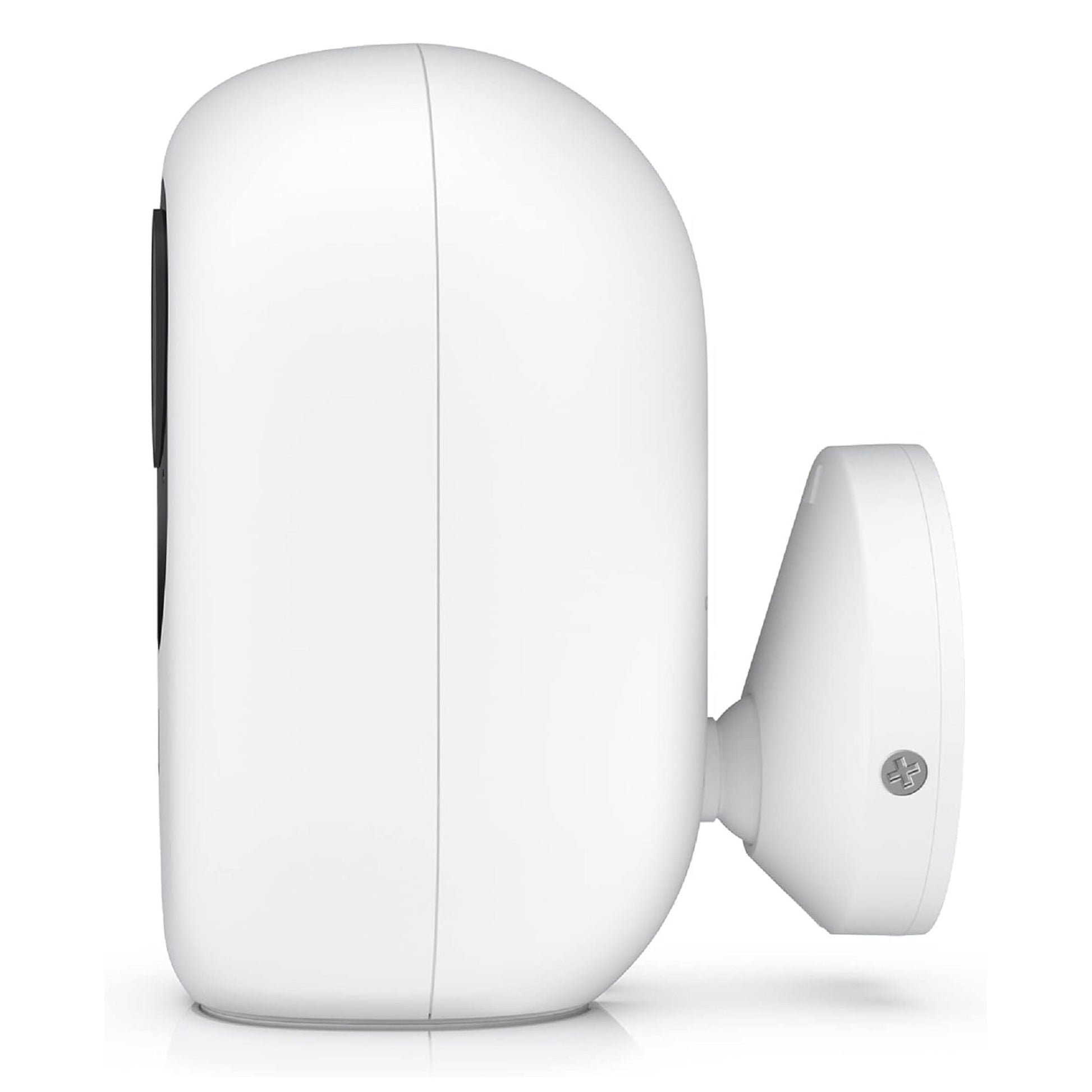 Ubiquiti G4 Instant Overvågningskamera hvid, rund, sideview, monteret på cirkulært vægbeslag med synlig skrue.
