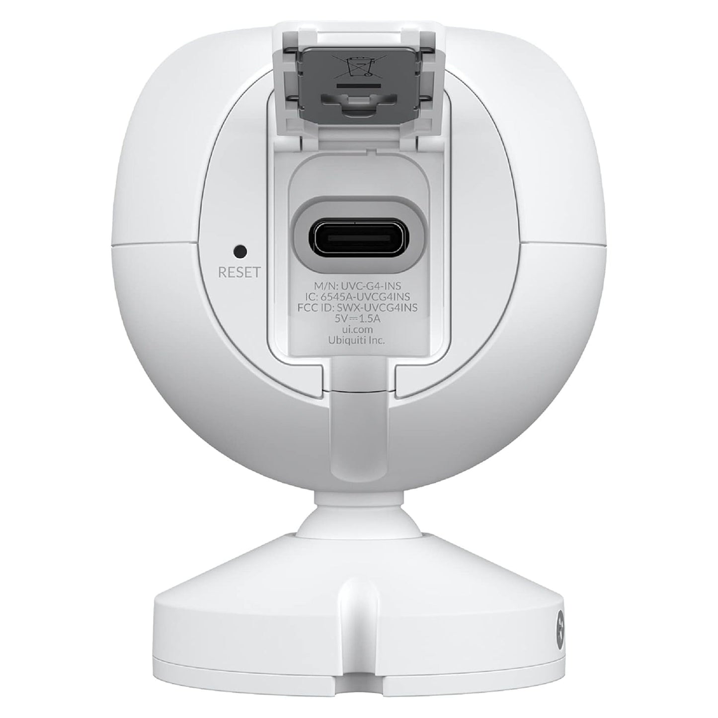 Ubiquiti G4 Instant overvågningskamera bagfra med USB-C port, reset-knap, topklap og cirkulær base.