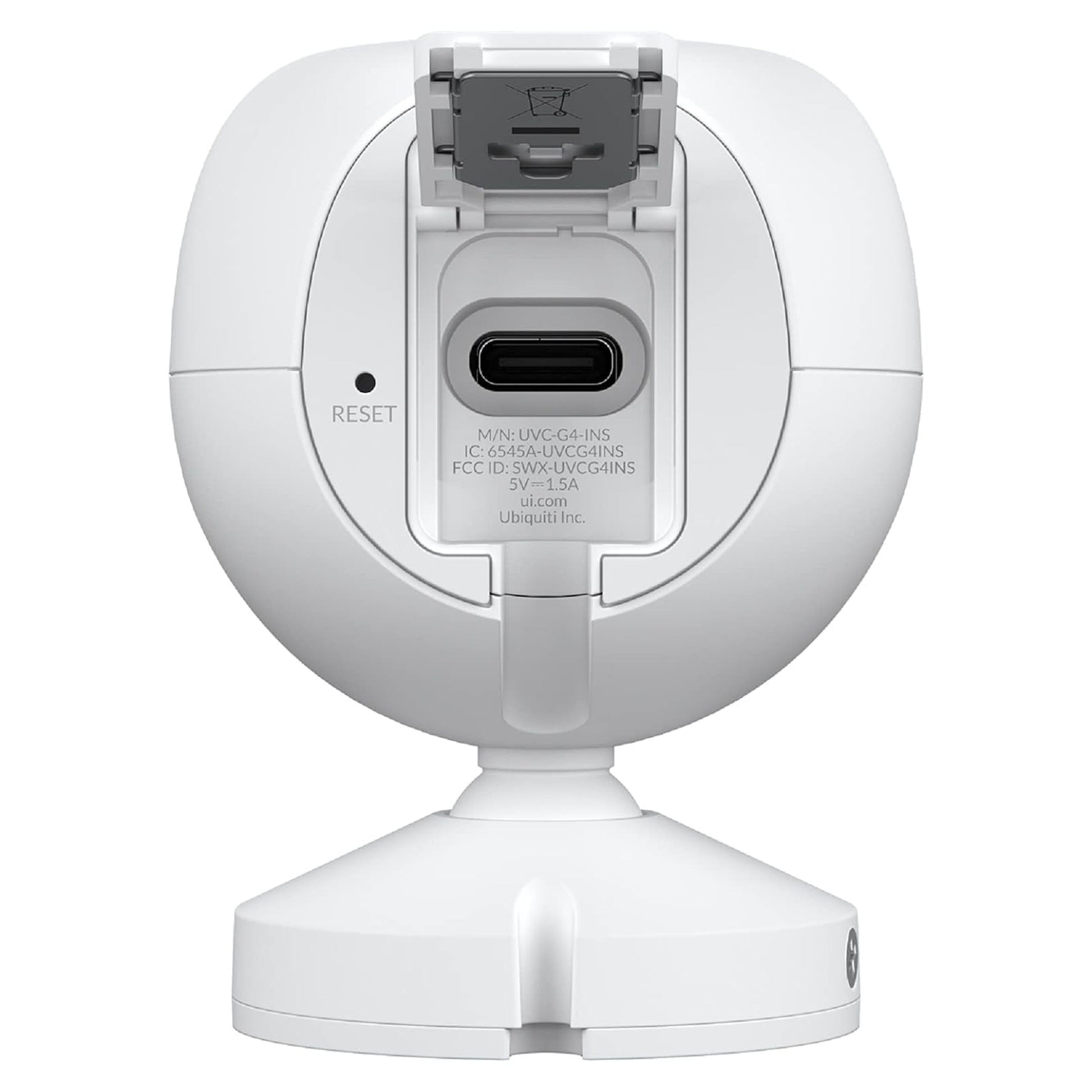 Ubiquiti G4 Instant overvågningskamera bagfra med USB-C port, reset-knap, topklap og cirkulær base.