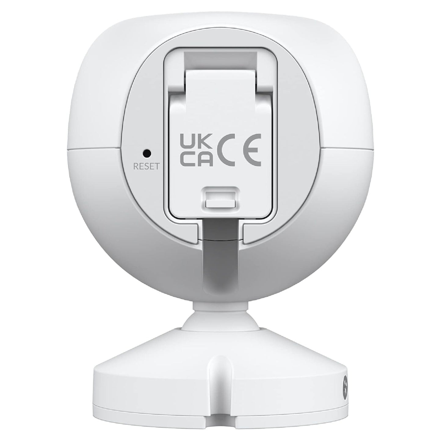 Ubiquiti G4 Instant overvågningskamera hvid set bagfra med cirkulær fod, RESET-knap og UK CA/CE mærker på midten.