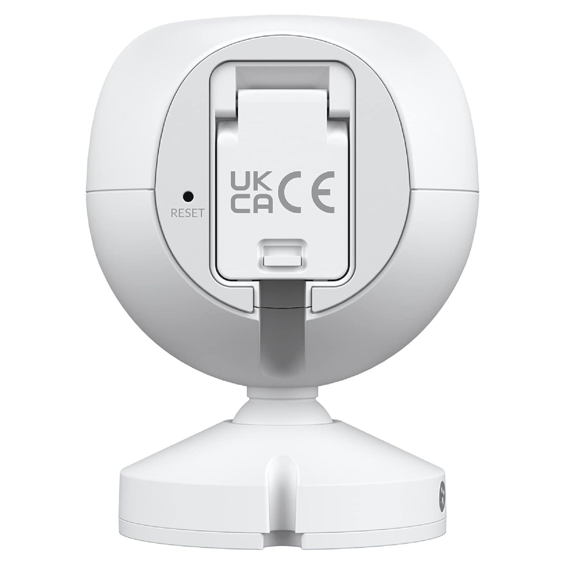 Ubiquiti G4 Instant overvågningskamera hvid set bagfra med cirkulær fod, RESET-knap og UK CA/CE mærker på midten.