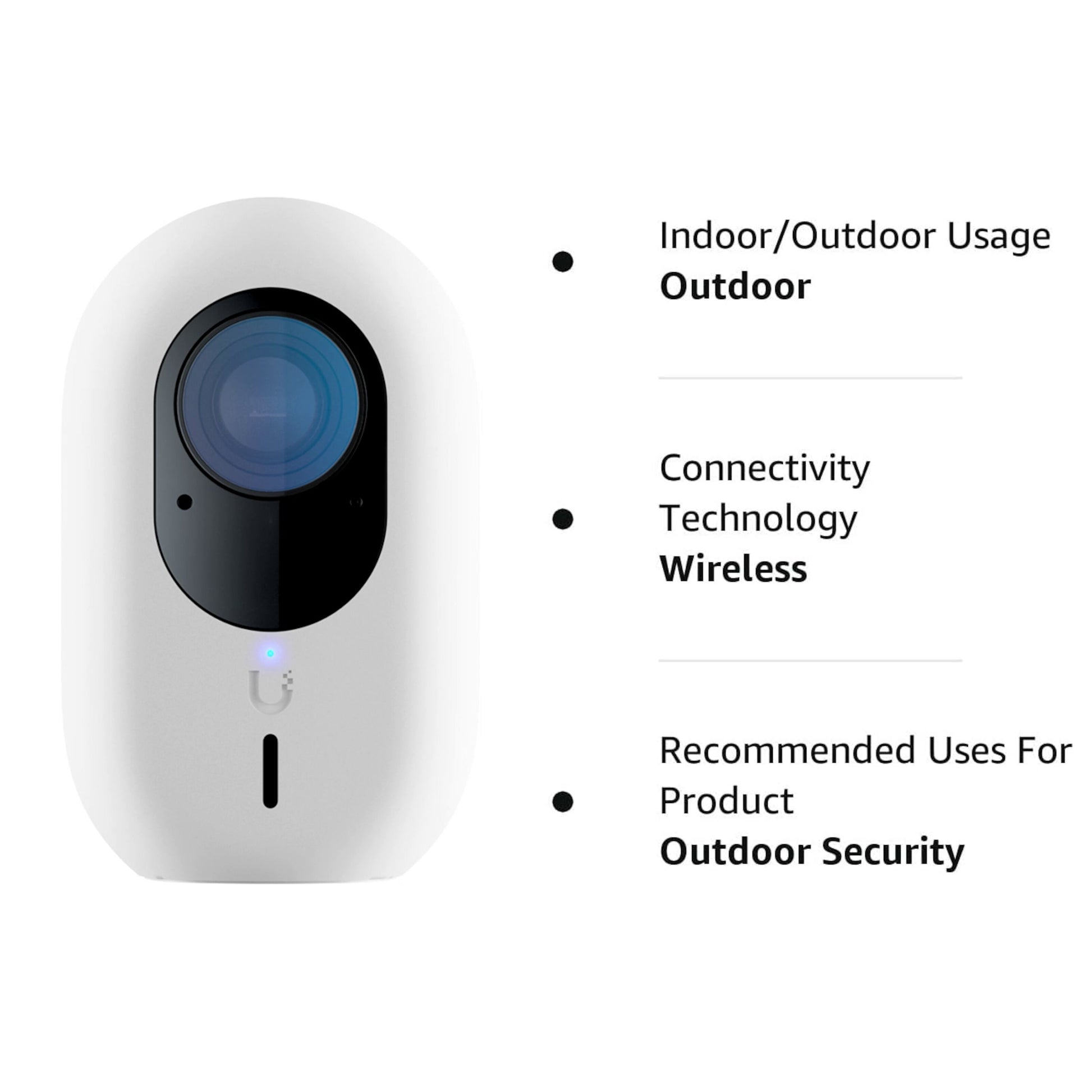 Ubiquiti G4 Instant overvågningskamera hvid oval med blå linse, til udendørs brug og trådløs Unifi-integration.