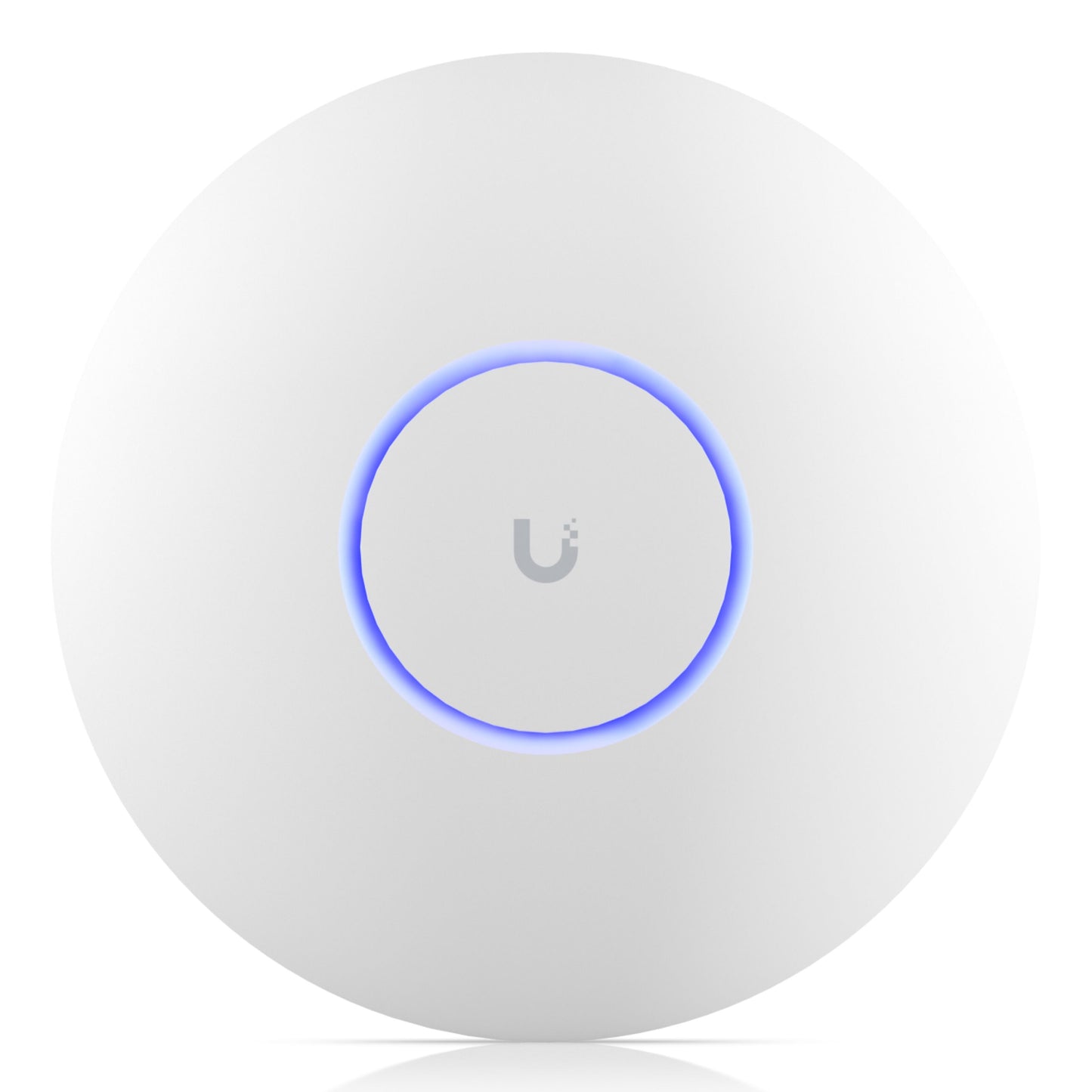 Ubiquiti Unifi U7 Pro adgangspunkt Wifi 7, hvid, rund med blå LED-ring og Ubiquiti-logo i midten, set forfra.