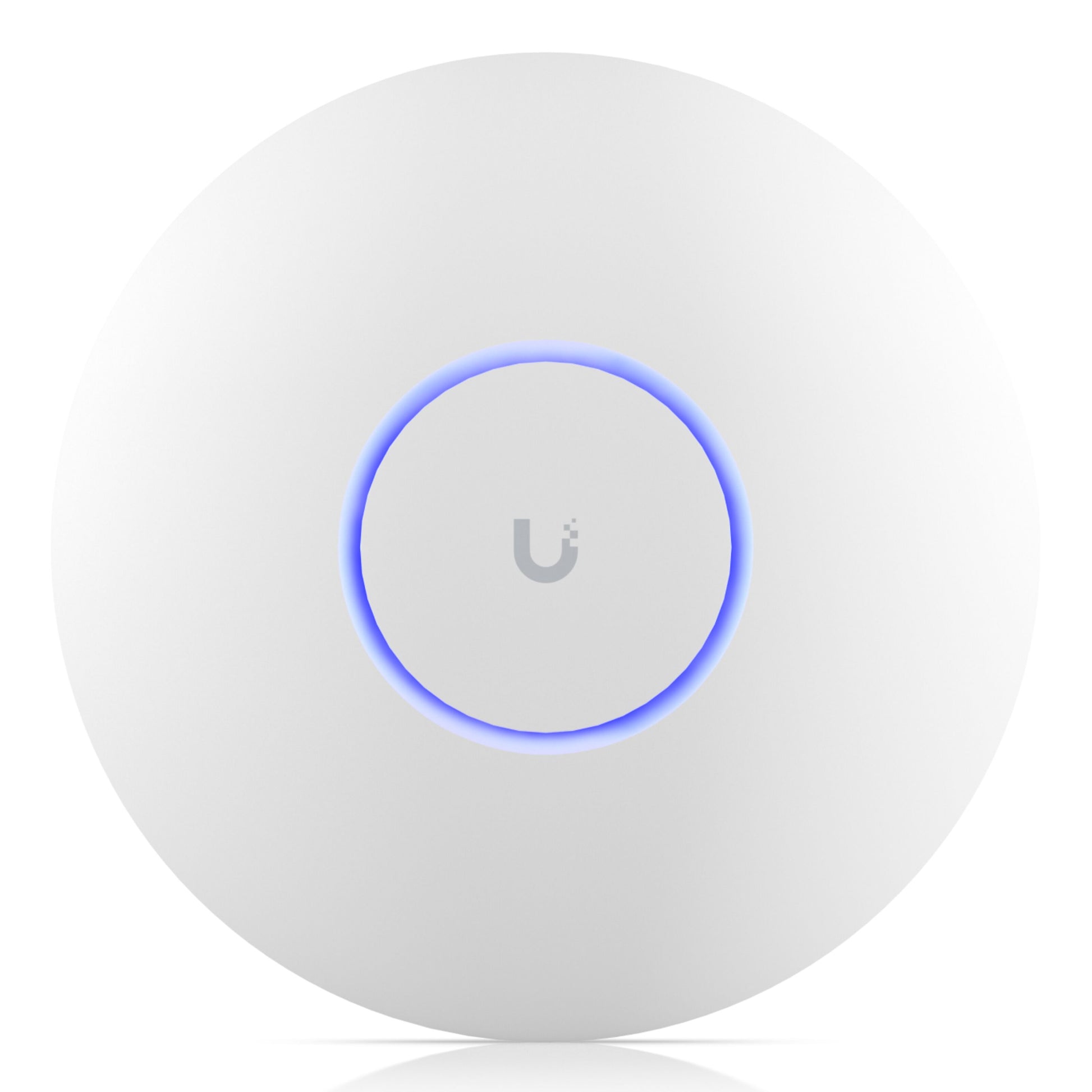 Ubiquiti Unifi U7 Pro adgangspunkt Wifi 7, hvid, rund med blå LED-ring og Ubiquiti-logo i midten, set forfra.