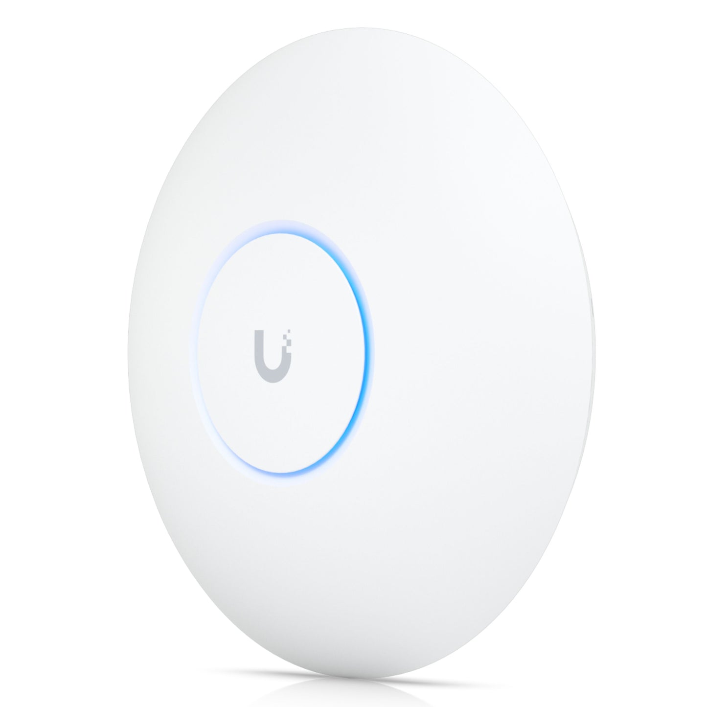 Ubiquiti Unifi U7 Pro adgangspunkt Wifi 7, hvid med blå LED-ring og centralt Ubiquiti-logo, set fra vinkel.