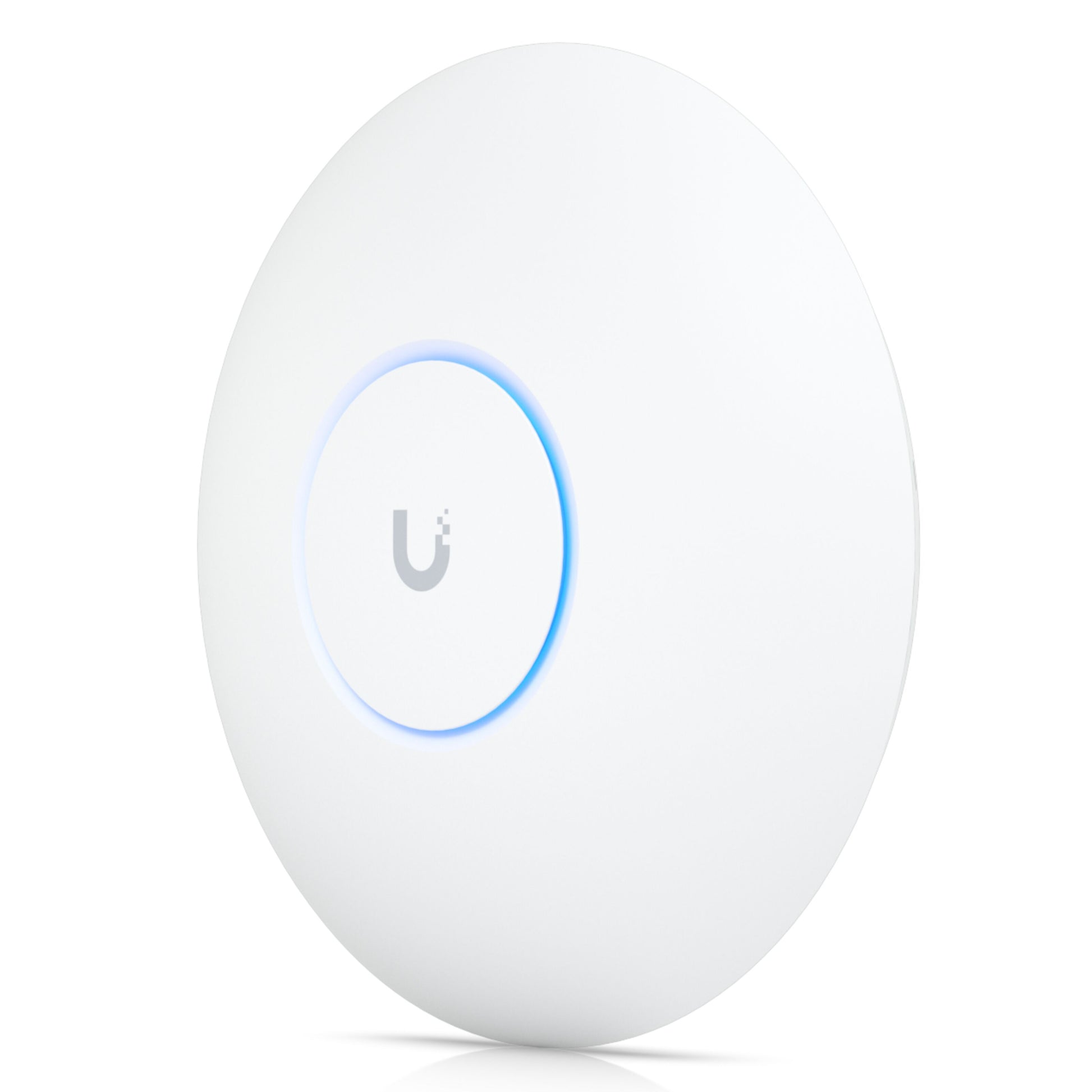 Ubiquiti Unifi U7 Pro adgangspunkt Wifi 7, hvid med blå LED-ring og centralt Ubiquiti-logo, set fra vinkel.