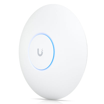 Ubiquiti Unifi U7 Pro adgangspunkt Wifi 7, hvid med blå LED-ring og centralt Ubiquiti-logo, set fra vinkel.