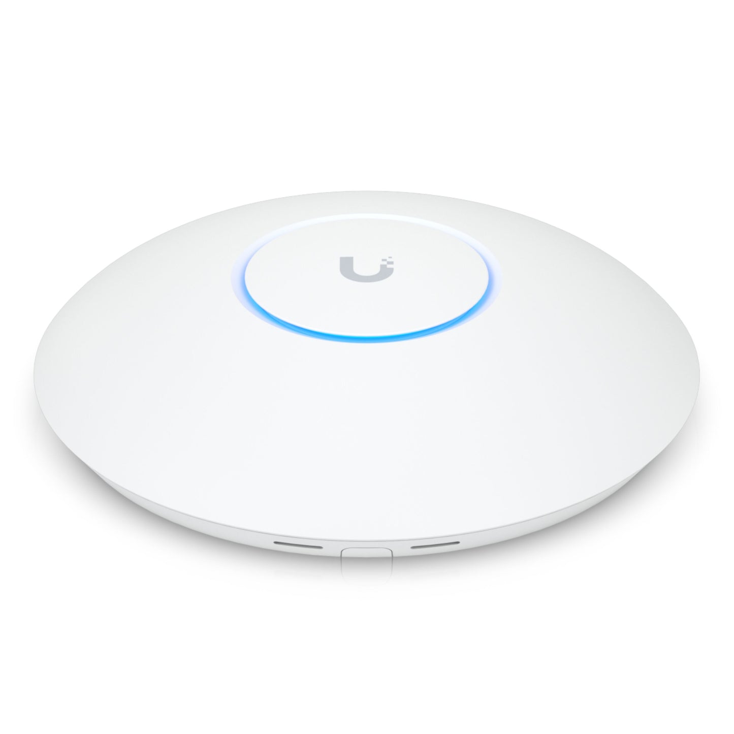 Ubiquiti Unifi U7 Pro access point, hvid og rund med Wifi 7, blå lysring og centralt U-logo.