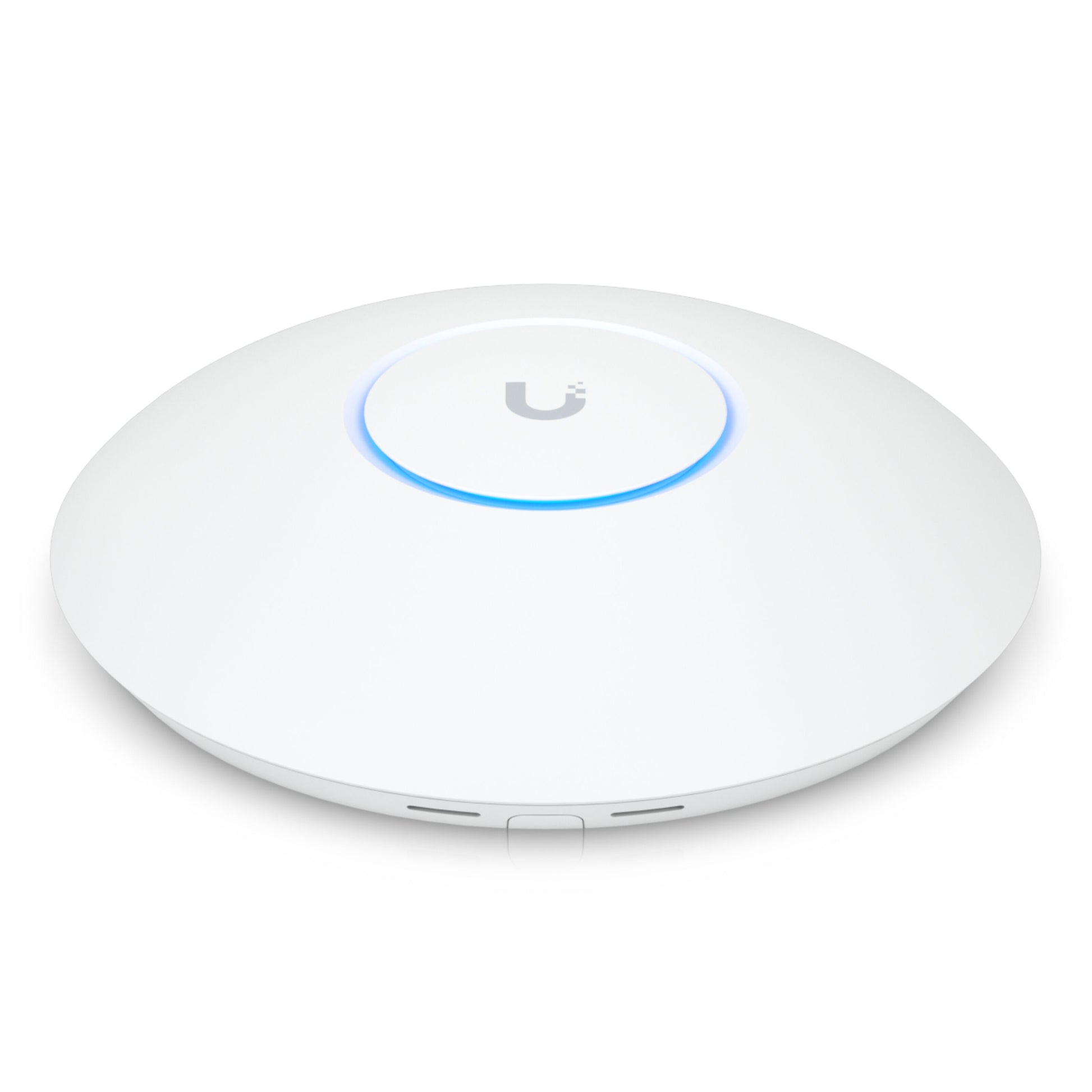 Ubiquiti Unifi U7 Pro access point, hvid og rund med Wifi 7, blå lysring og centralt U-logo.
