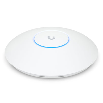 Ubiquiti Unifi U7 Pro access point, hvid og rund med Wifi 7, blå lysring og centralt U-logo.
