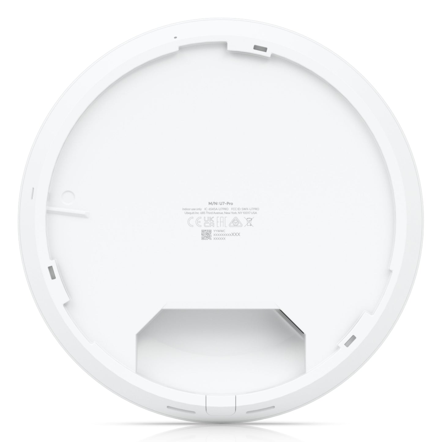 Ubiquiti Unifi U7 Pro access point, hvid, rund form med glat underside, rektangulært åbning og certifikationssymboler.