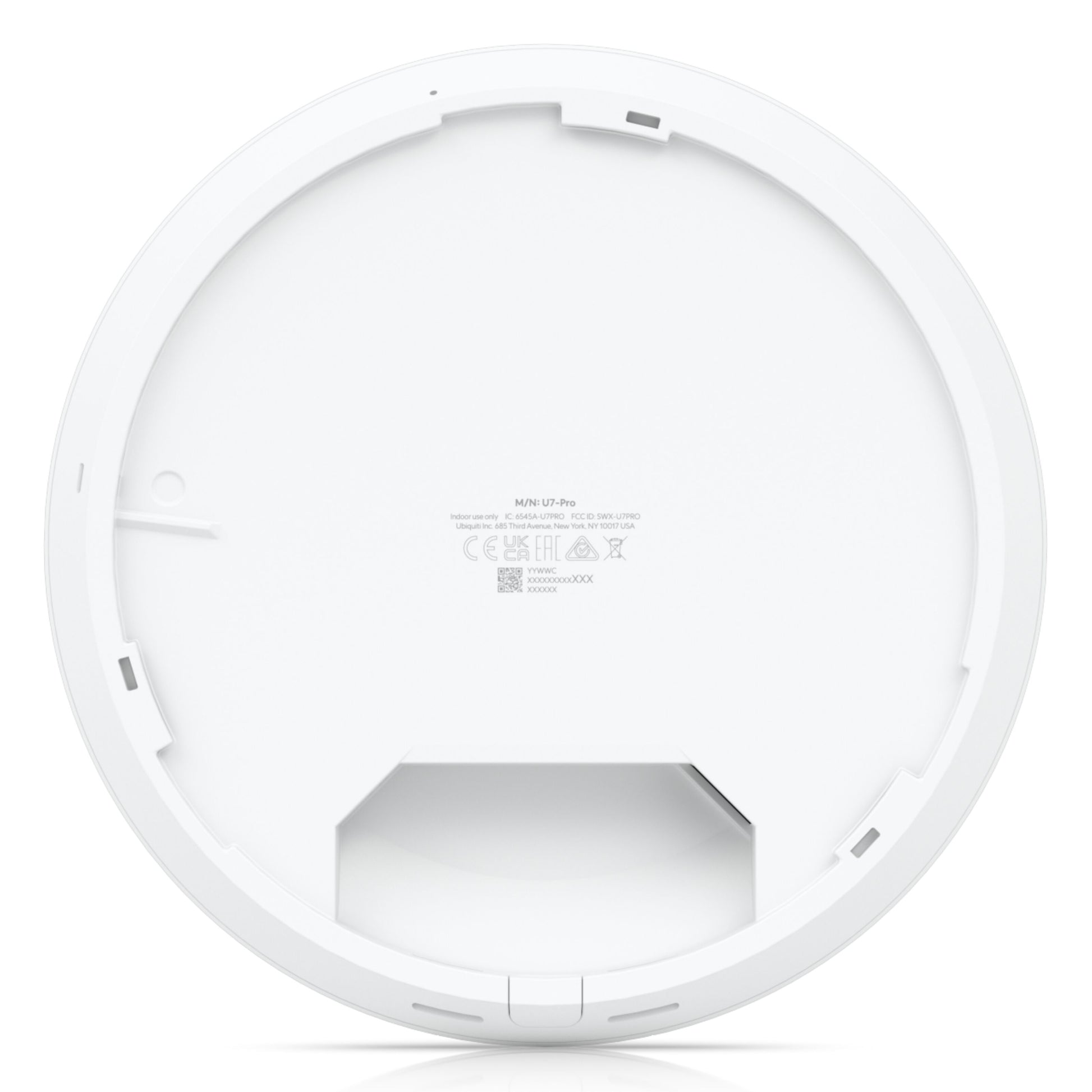 Ubiquiti Unifi U7 Pro access point, hvid, rund form med glat underside, rektangulært åbning og certifikationssymboler.