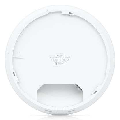 Ubiquiti Unifi U7 Pro access point, hvid, rund form med glat underside, rektangulært åbning og certifikationssymboler.