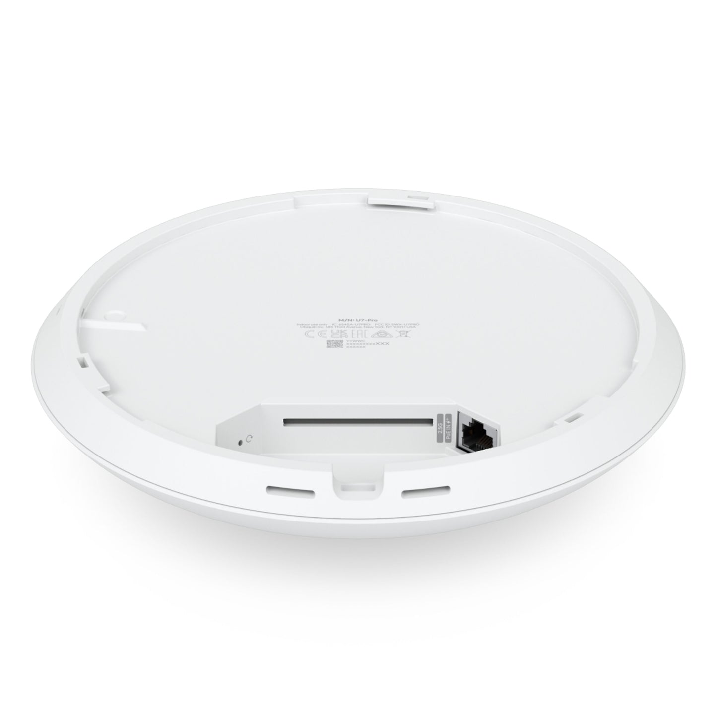 Ubiquiti Unifi U7 Pro Wifi 7 adgangspunkt, hvid, rund med forsænket Ethernet-port og detaljeret label under bunden.