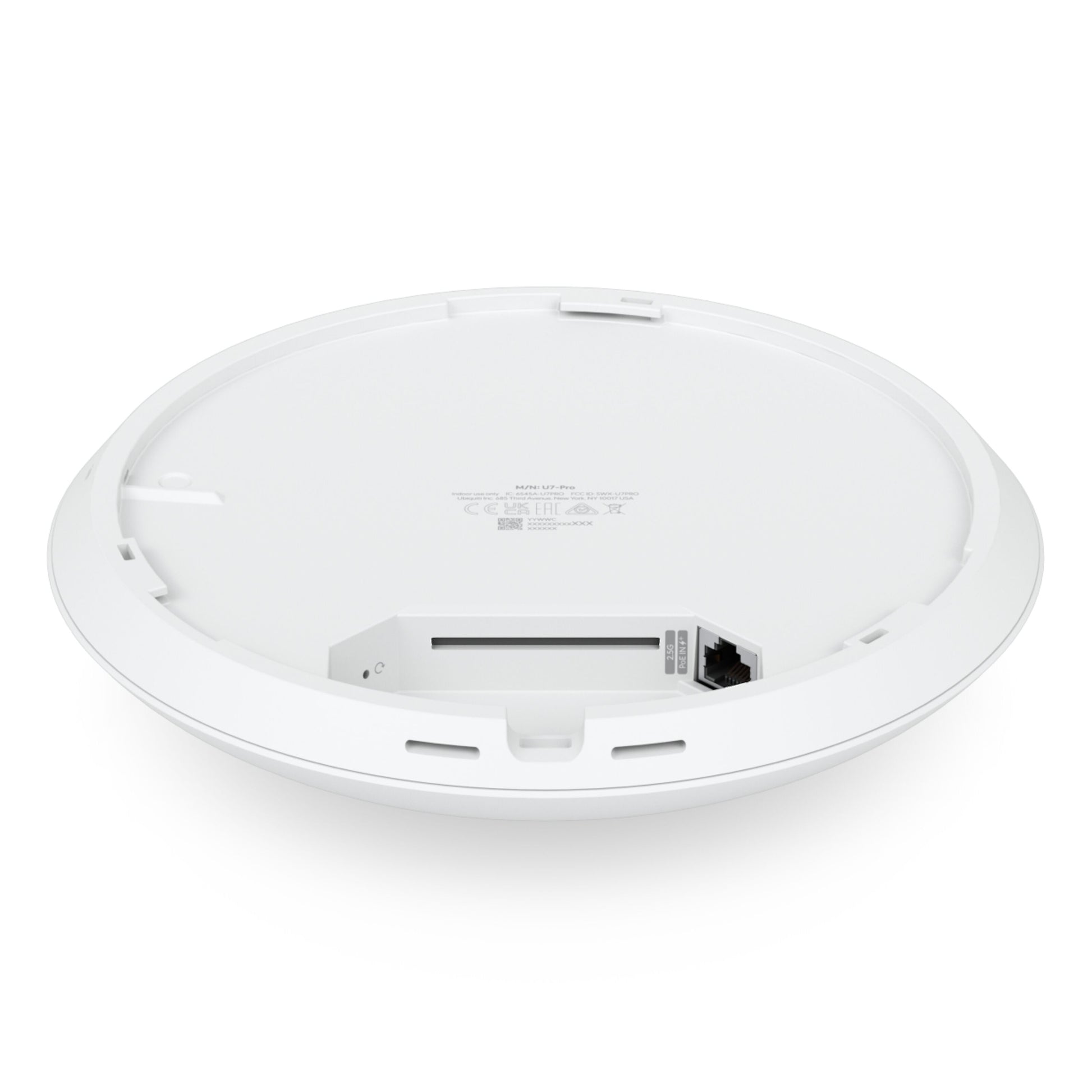 Ubiquiti Unifi U7 Pro Wifi 7 adgangspunkt, hvid, rund med forsænket Ethernet-port og detaljeret label under bunden.