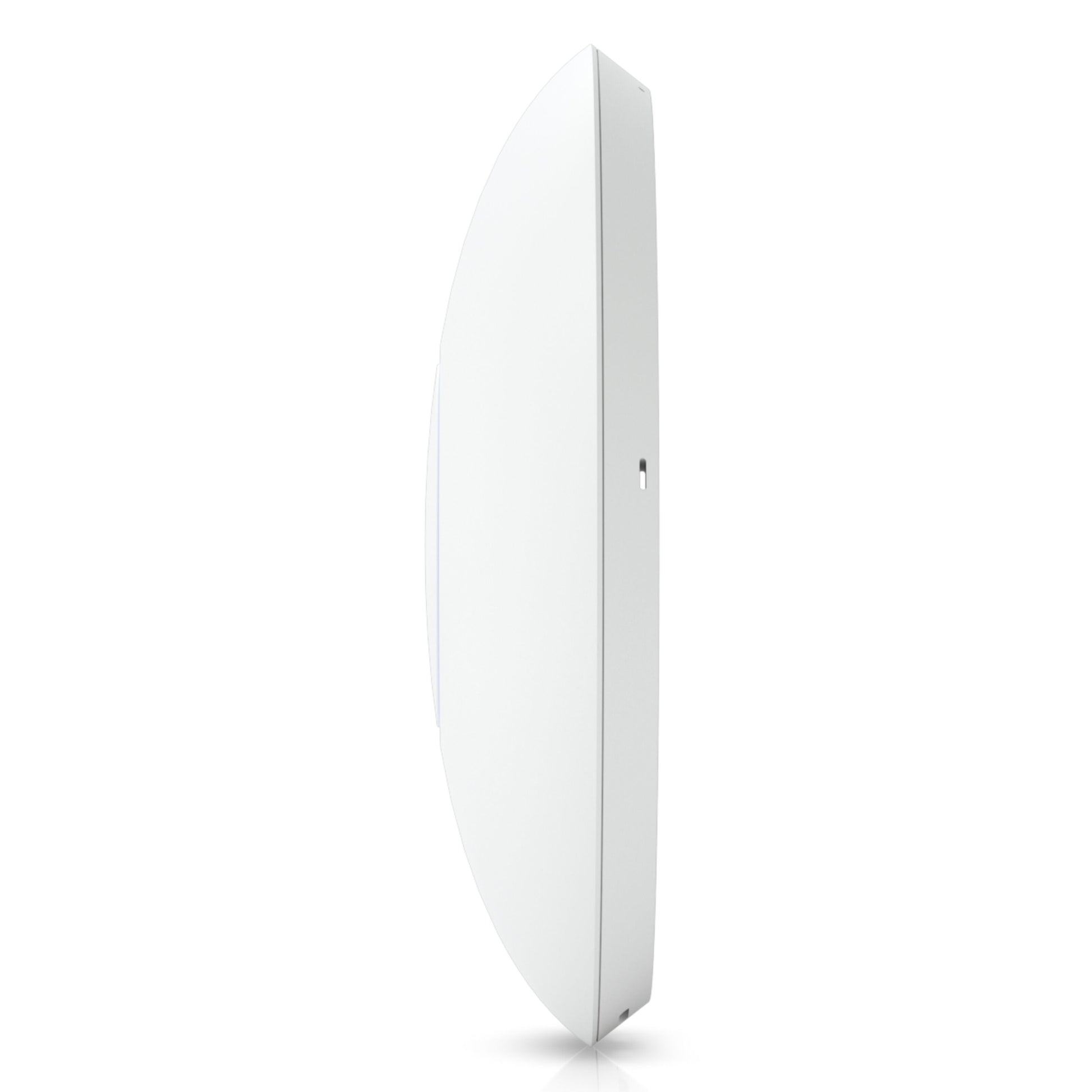 Ubiquiti Unifi U7 Pro hvid Wifi 7 adgangspunkt, oval form, let bue og lille cirkulær port eller knap, sidevy.