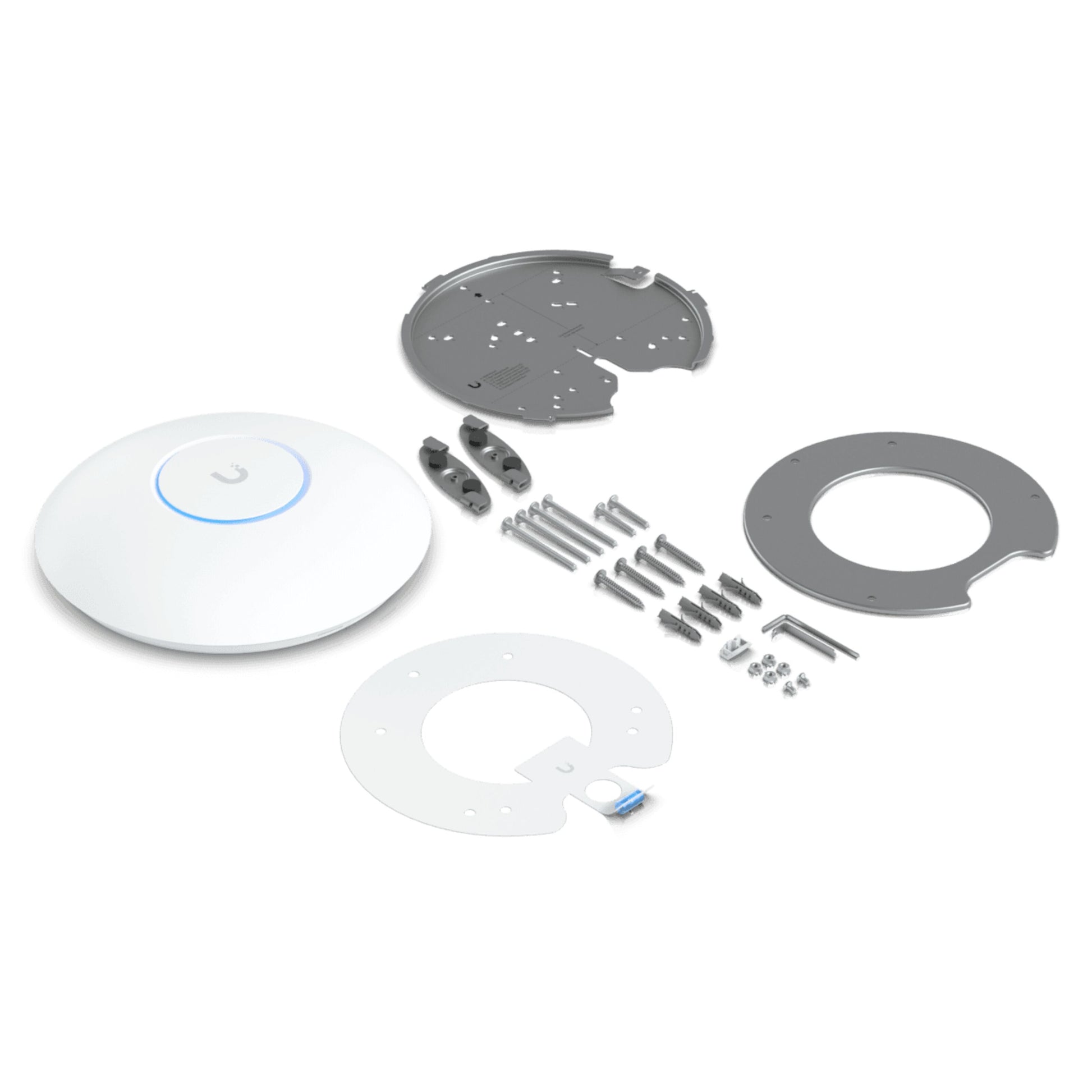Ubiquiti Unifi U7 Pro access point Wifi 7 med loftbeslag, skruer, rawlplugs, unbrakonøgle og monteringsplader.