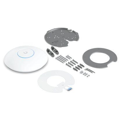 Ubiquiti Unifi U7 Pro access point Wifi 7 med loftbeslag, skruer, rawlplugs, unbrakonøgle og monteringsplader.