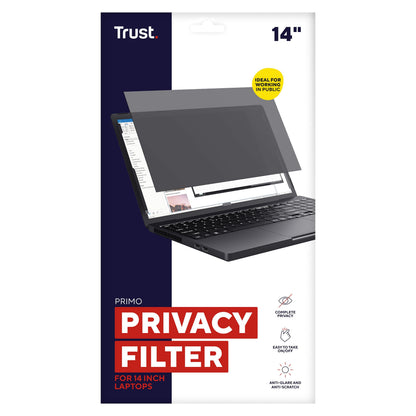 Trust Privatlivsfilter til 14" bærbar, antirefleks, nem installation, emballage viser filteret.