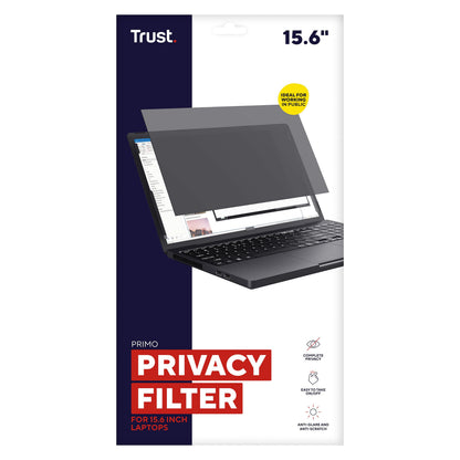 Trust Privatlivsfiltre til bærbar computer 15,6" emballage med laptop og PRIVACY FILTER tekst på forsiden.