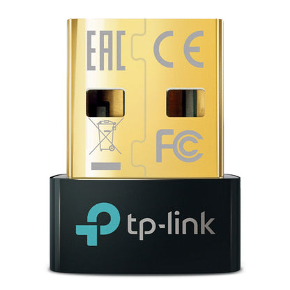 TP-Link Bluetooth 5.3 USB adapter sort med guldfarvet stik, EAC, CE og FCC mærker samt hvidt og blåt TP-Link logo.