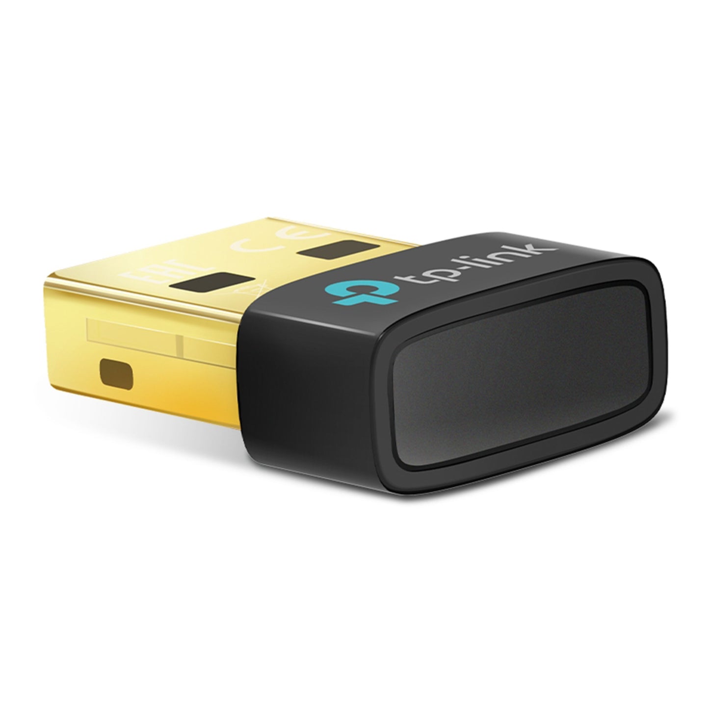 TP-Link Bluetooth 5.3-modtager med guldbelagt stik, sort kabinet og TP-Link-logo.