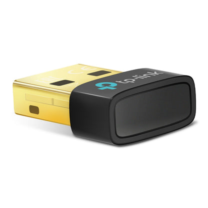 TP-Link Bluetooth 5.3-modtager med guldbelagt stik, sort kabinet og TP-Link-logo.