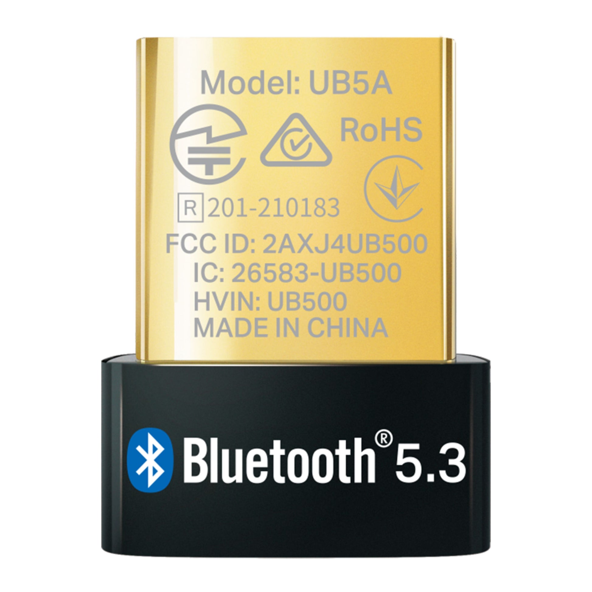 TP-Link Bluetooth 5.3 USB-adapter i sort og guld med certificeringslogoer, Bluetooth-logo og teksten "Bluetooth 5.3.