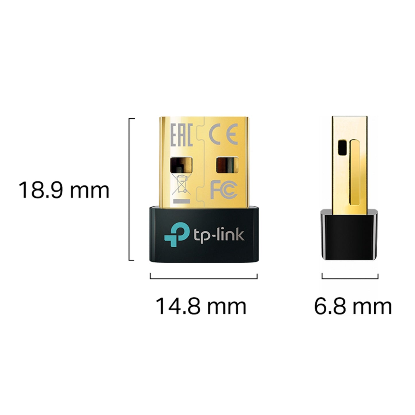 TP-Link Bluetooth 5.3-modtager, guld/sort, 18,9x14,8x6,8 mm, TP-Link-logo og certifikationsmærkninger synlige.