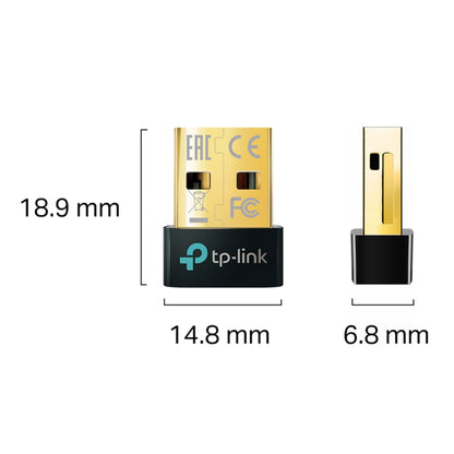 TP-Link Bluetooth 5.3-modtager, guld/sort, 18,9x14,8x6,8 mm, TP-Link-logo og certifikationsmærkninger synlige.