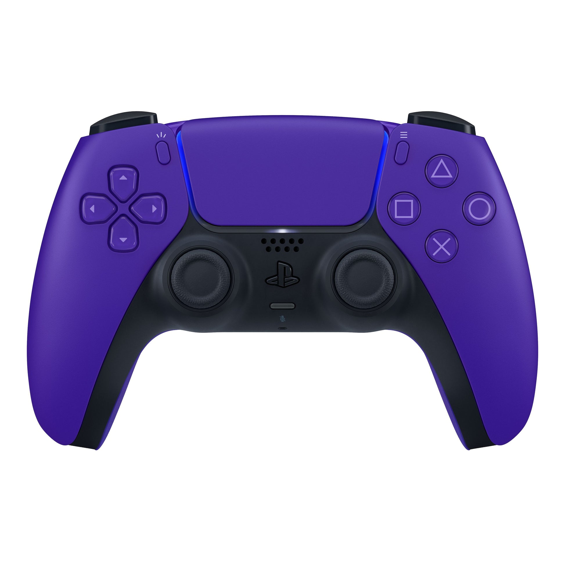 Sony DualSense V2 trådløs controller til PS5, lilla, frontvisning med sorte analoge sticks, knapper og triggere.