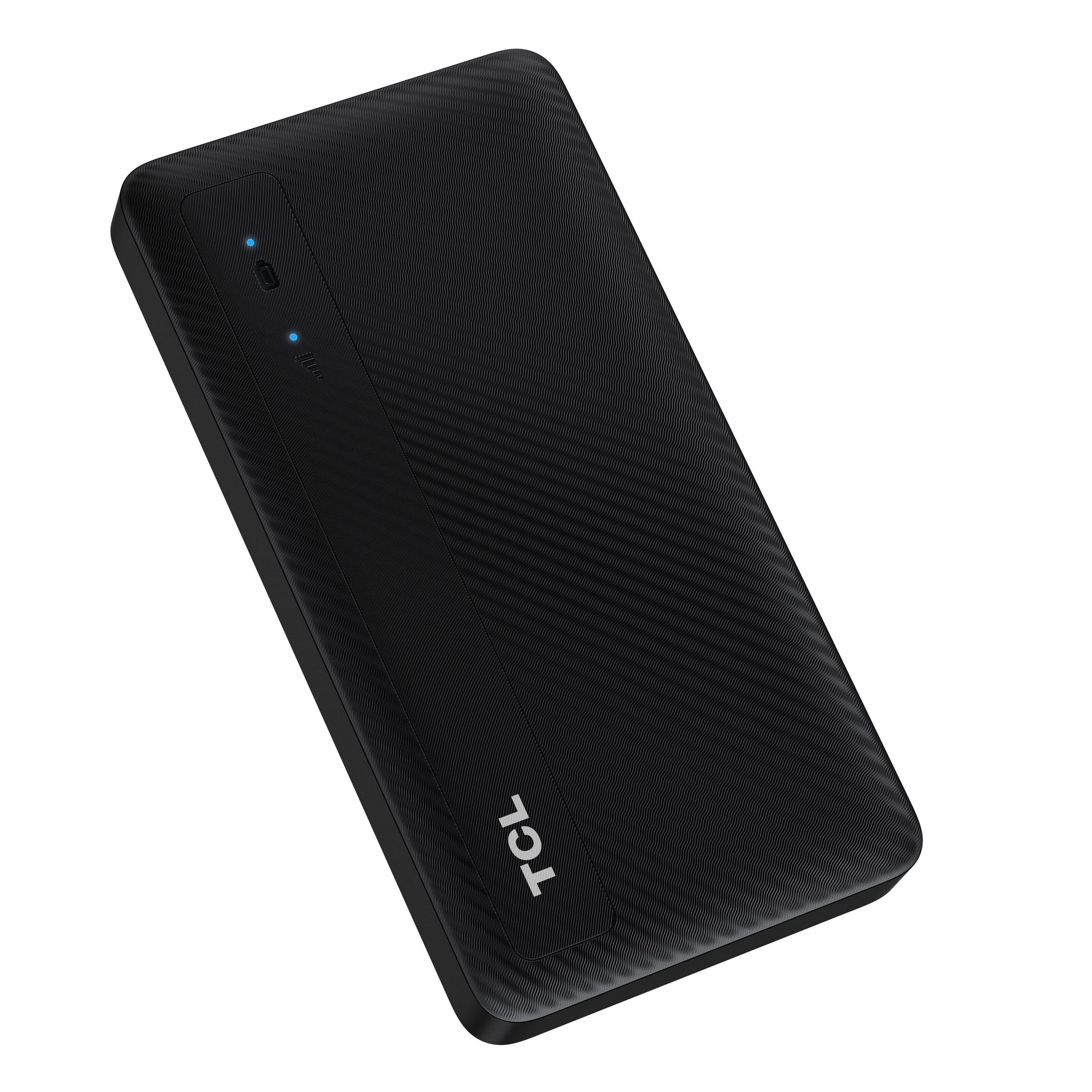 TCL sort powerbank med LED-indikatorer, struktureret overflade og TCL-logo, kompatibel med MW42V 4G-router.