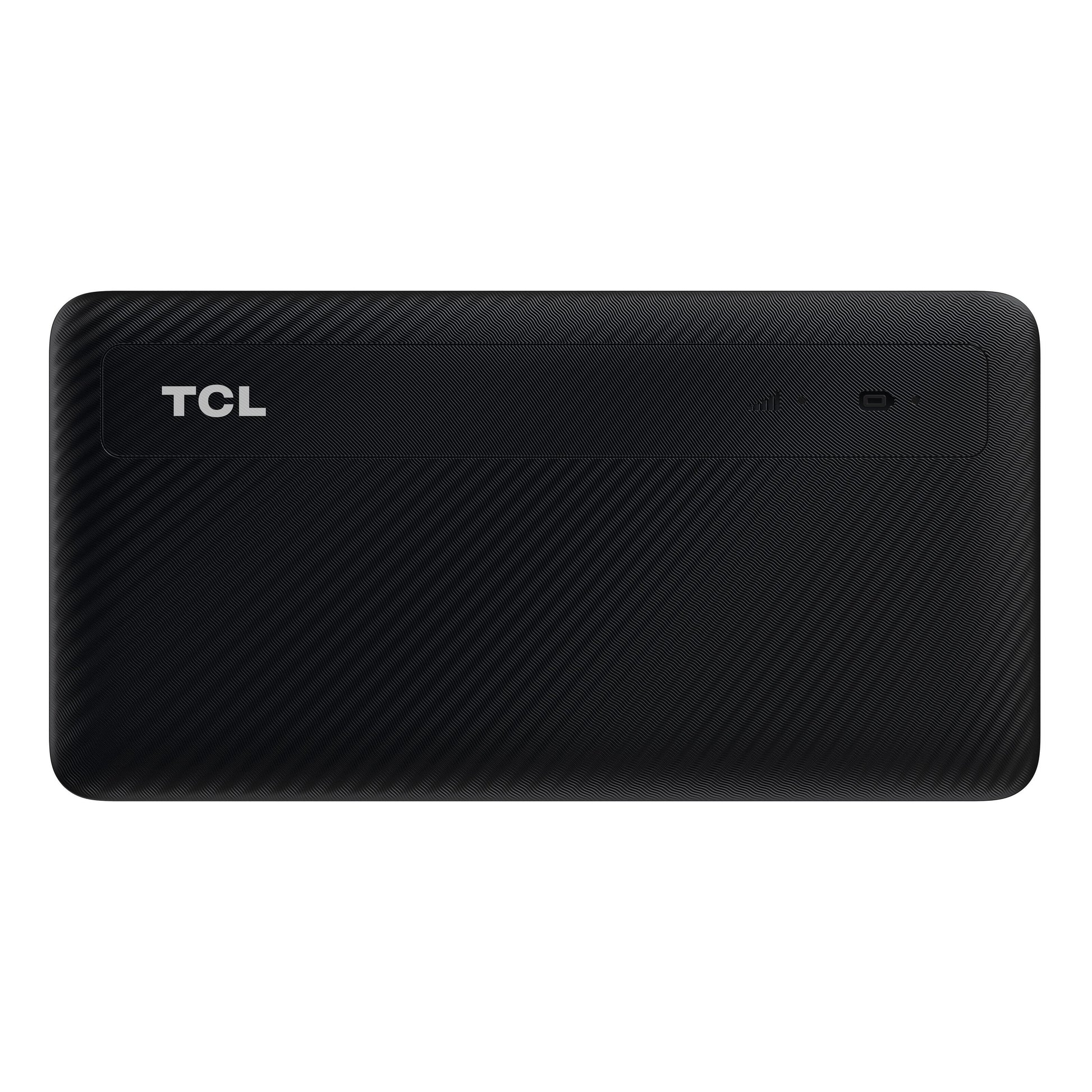 TCL Router MW42V sort, bærbar med tekstureret overflade, indikatorlys til højre, TCL-logo til venstre.