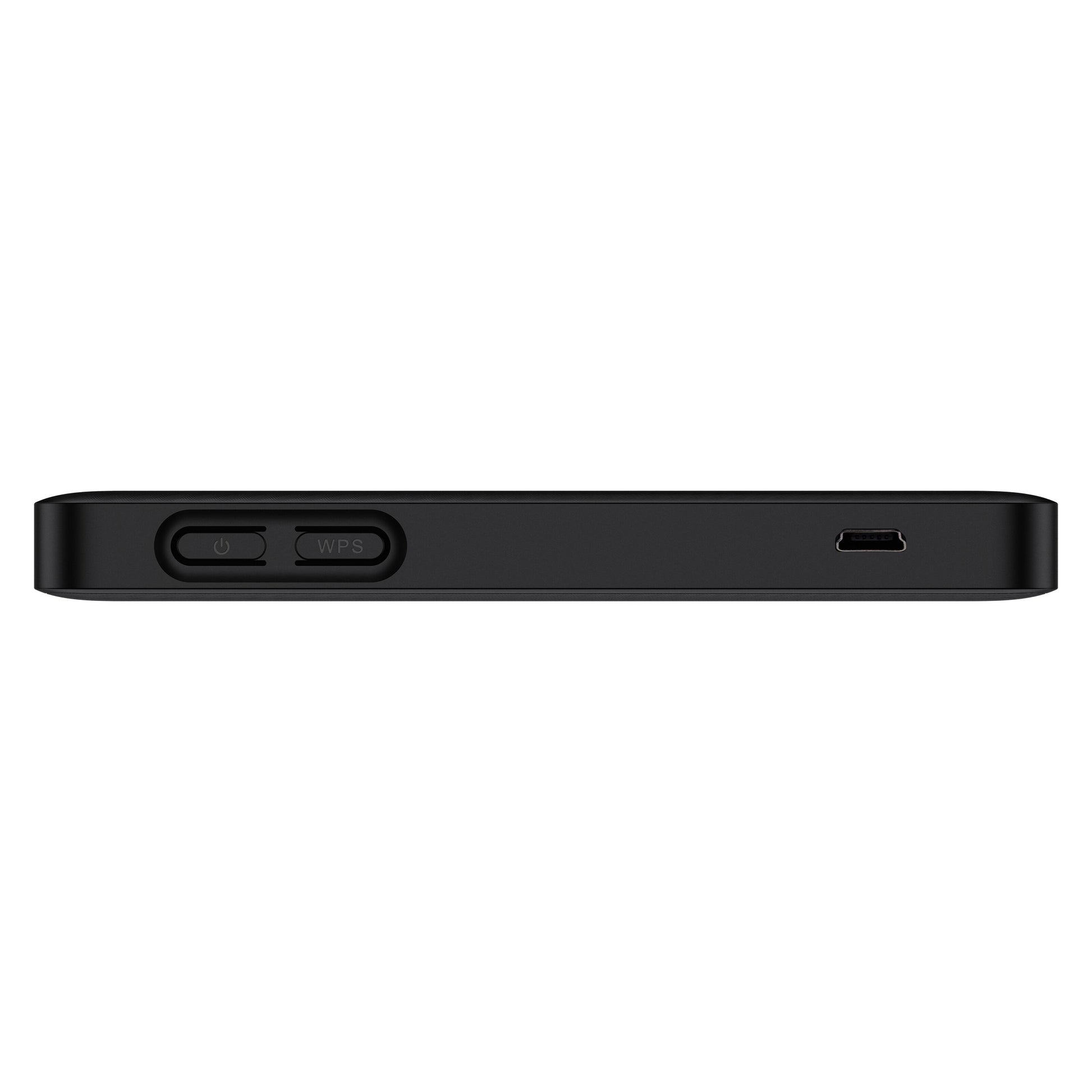TCL Router MW42V sort, power-knap, WPS-knap og micro USB-port synlige på siden egnet til mobilt bredbånd.