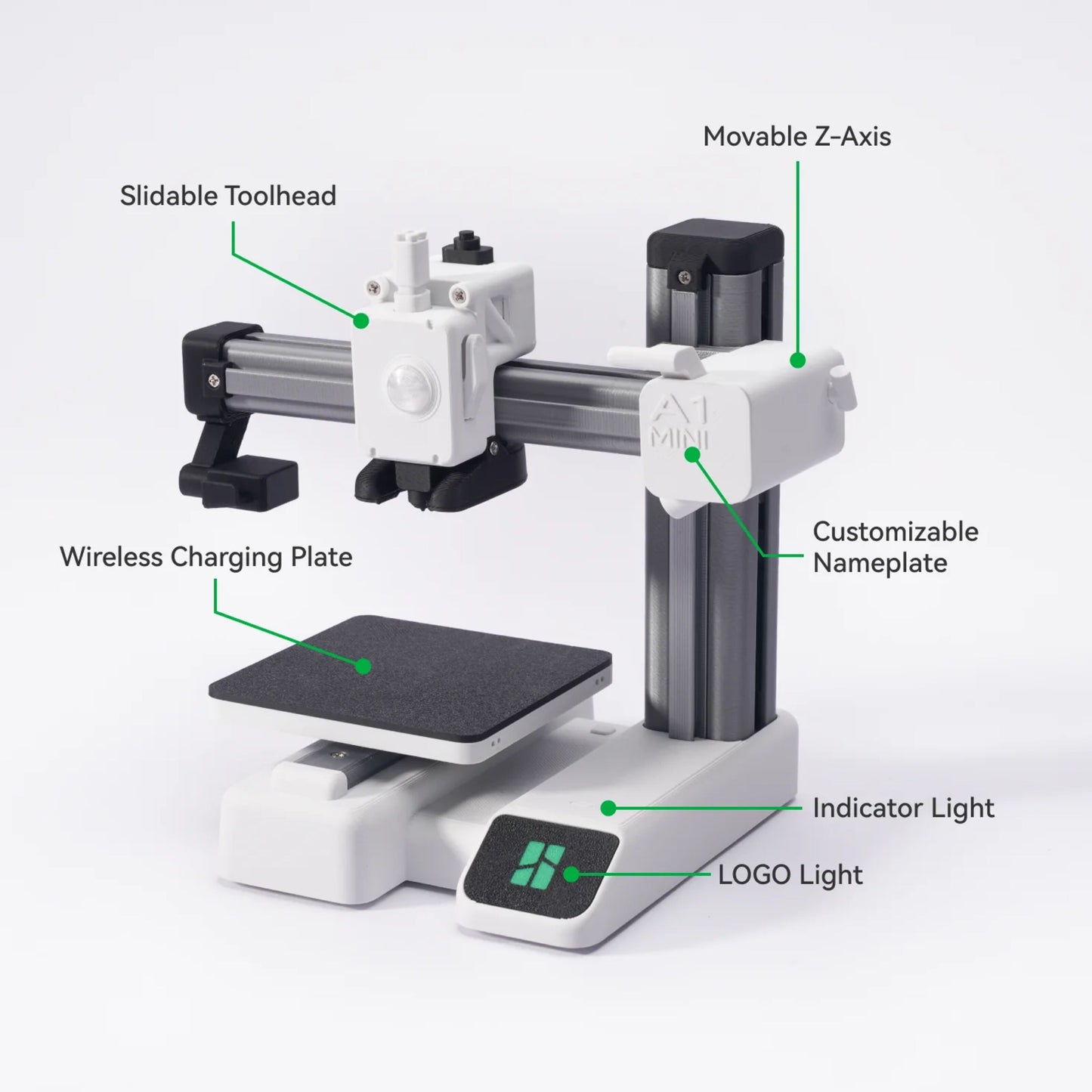 Bambu Lab 3D-kit desktop 3D-printer, forskydeligt værktøjshoved, bevægelig Z-akse, navneskilt, DIY opladerplade, indikatorlys.