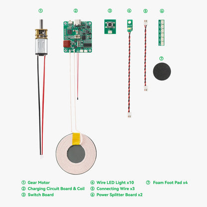 Bambu Lab 3D-sæt til trådløse opladere med gearmotor, ladekreds og spole, LED-lys, stikledninger, skumpuder, klæbepude.