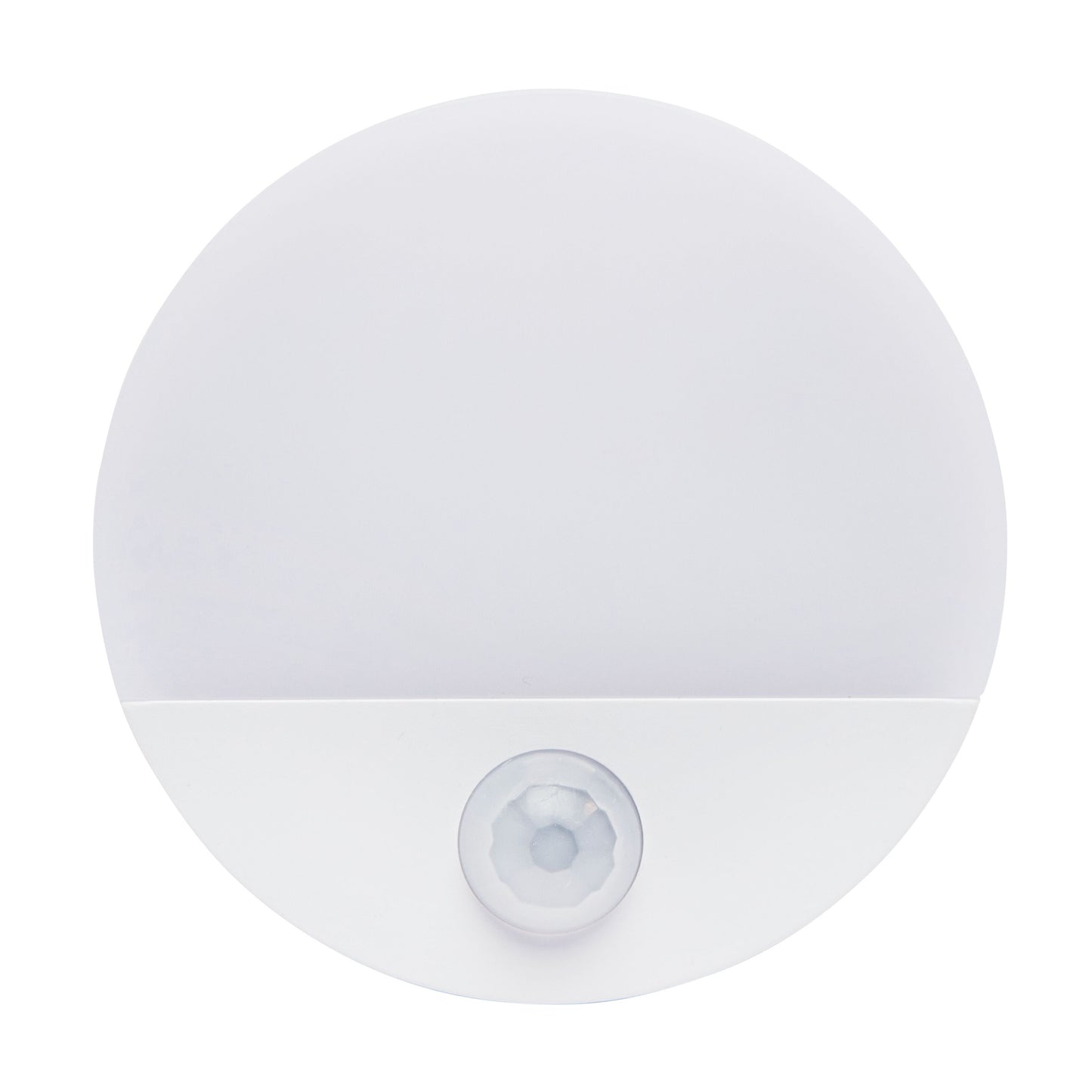 Luxorparts garderobelysning med bevægelsessensor, rund LED-natlampe med glat overflade og synlig sensor i bunden.