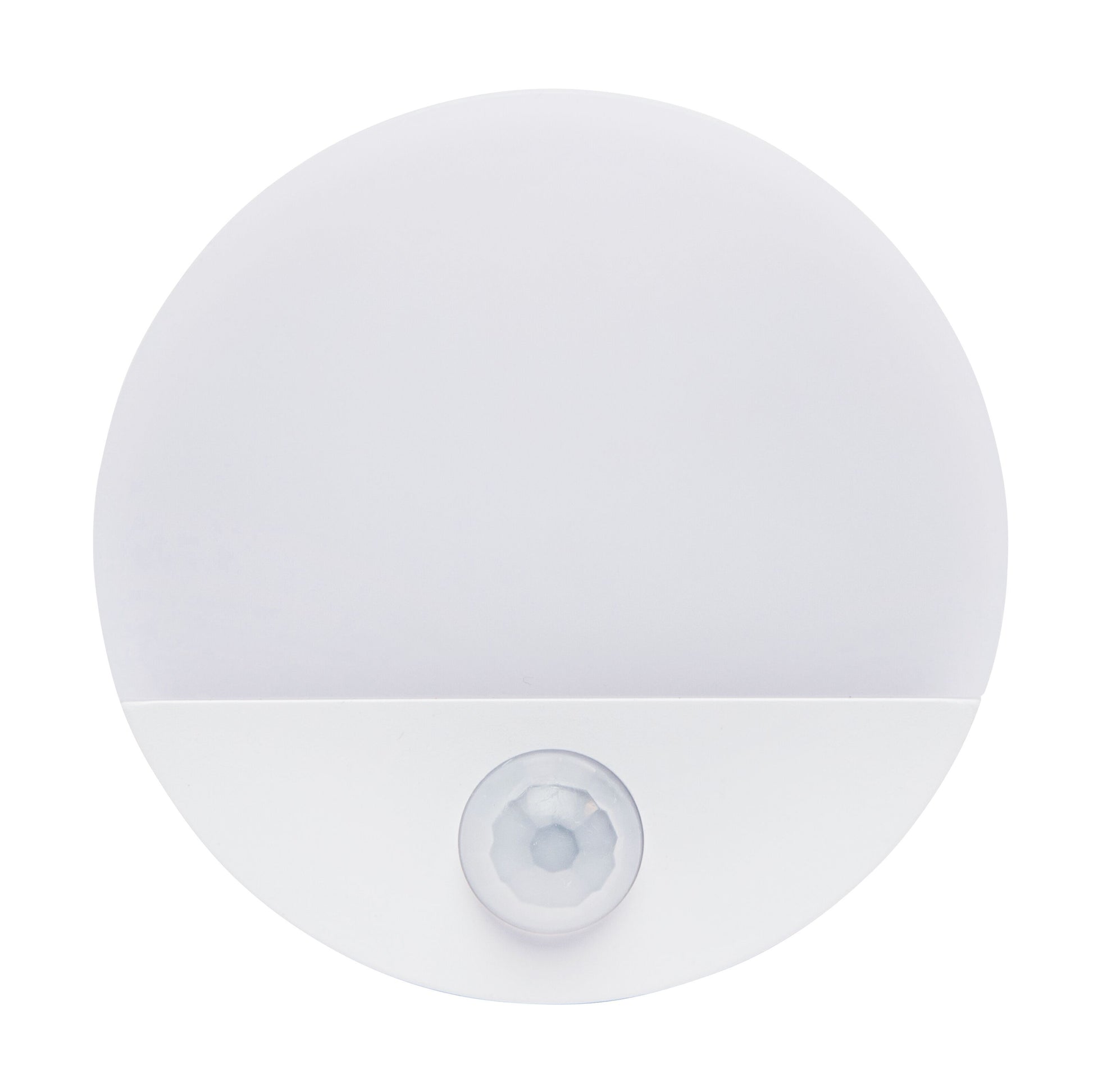 Luxorparts garderobelysning med bevægelsessensor, rund LED-natlampe med glat overflade og synlig sensor i bunden.