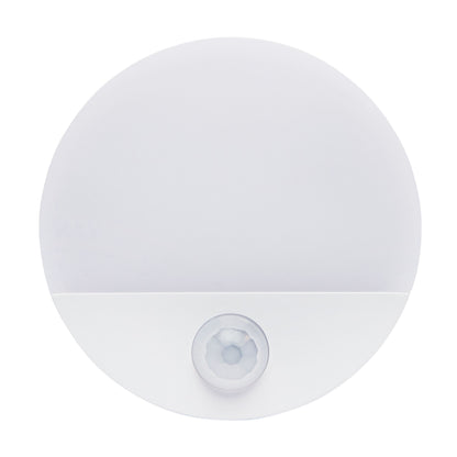 Luxorparts garderobelysning med bevægelsessensor, rund LED-natlampe med glat overflade og synlig sensor i bunden.