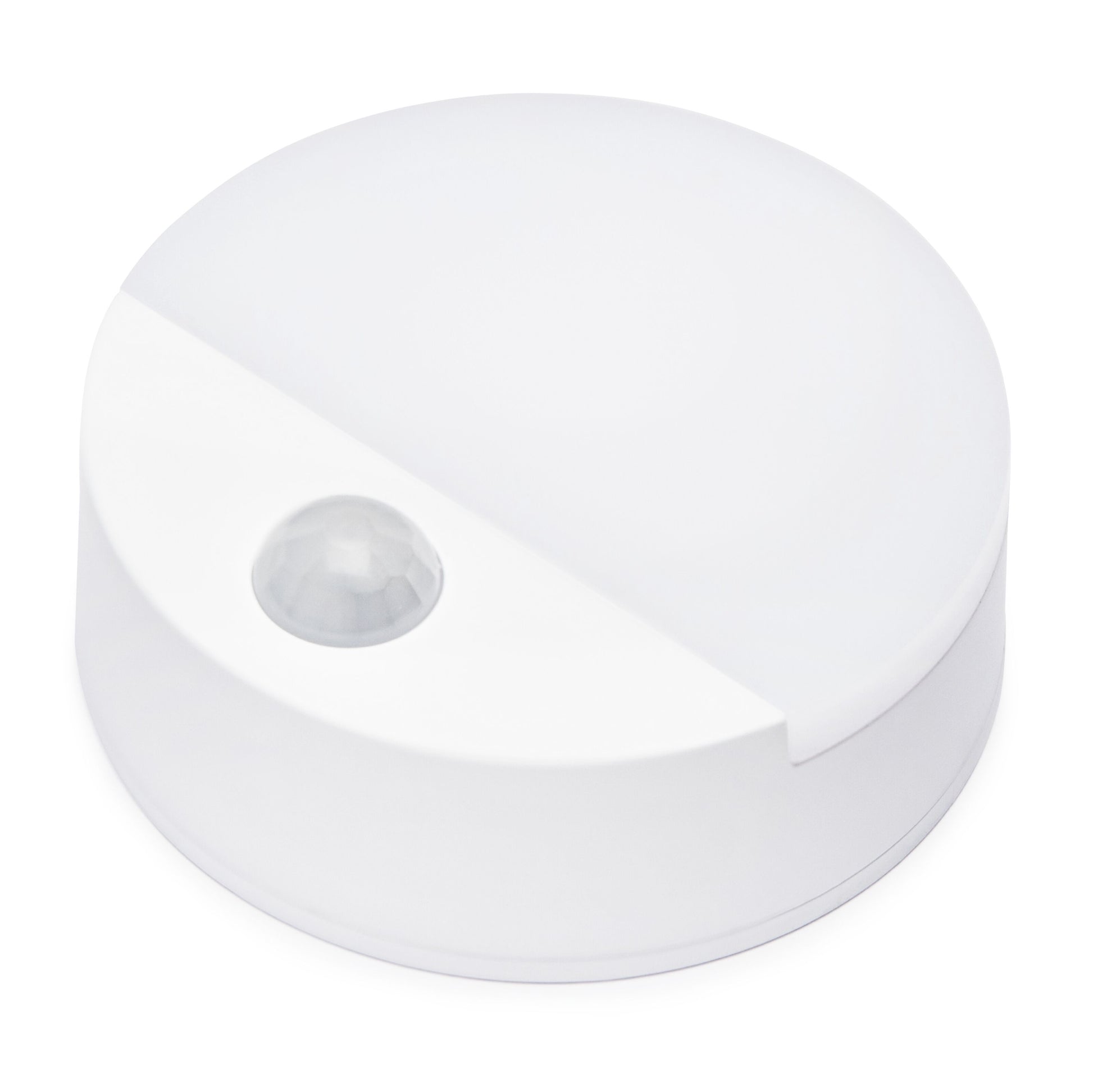 Garderobebelysning med bevægelsessensor, rund hvid LED-lampe med kuppelformet sensor.