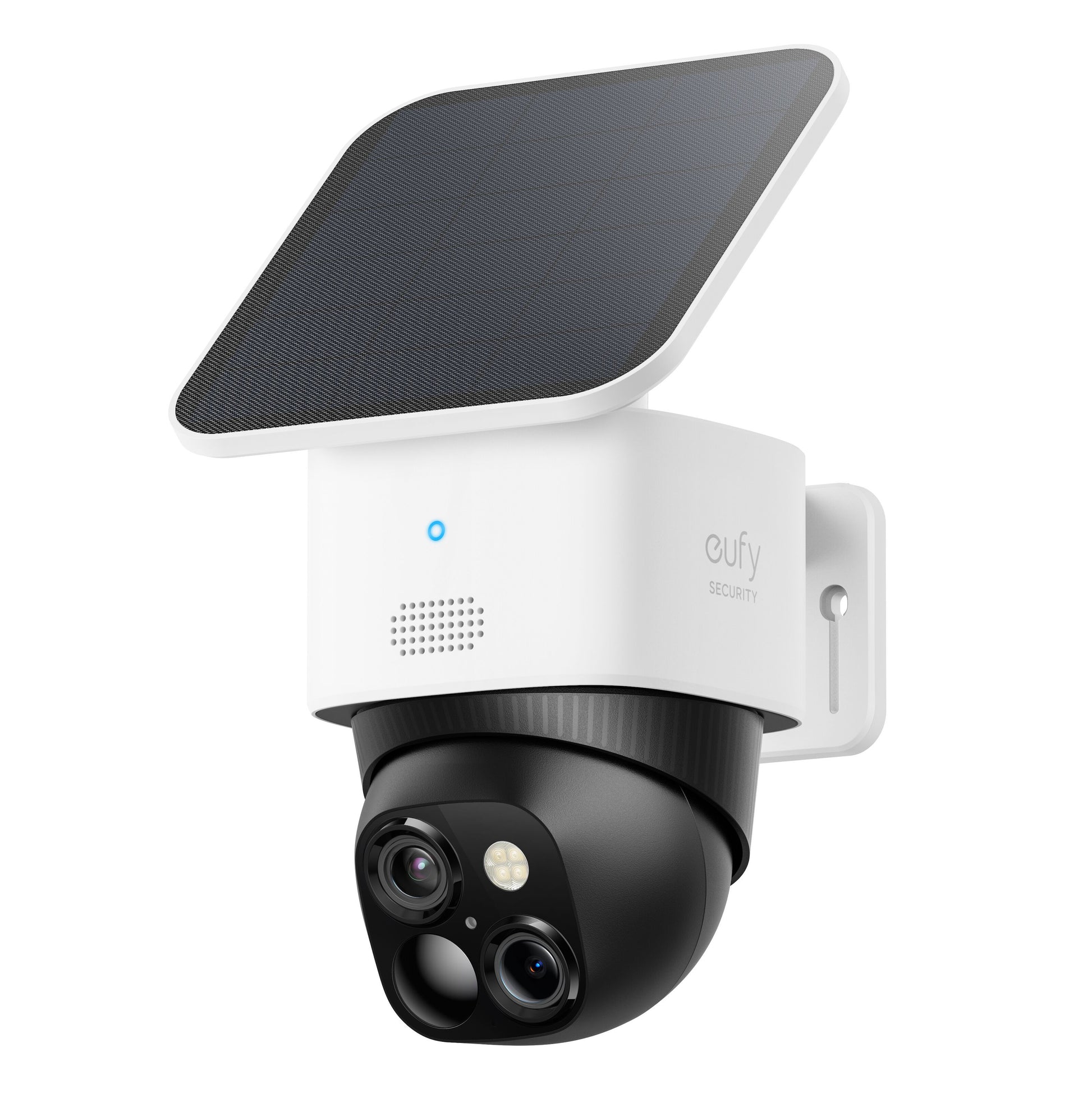 Eufy SoloCam S340 trådløst udendørskamera med sort linse, solpanel, vægbeslag, blå indikatorlys, sensorer.