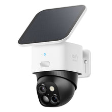 Eufy SoloCam S340 trådløst udendørskamera med sort linse, solpanel, vægbeslag, blå indikatorlys, sensorer.