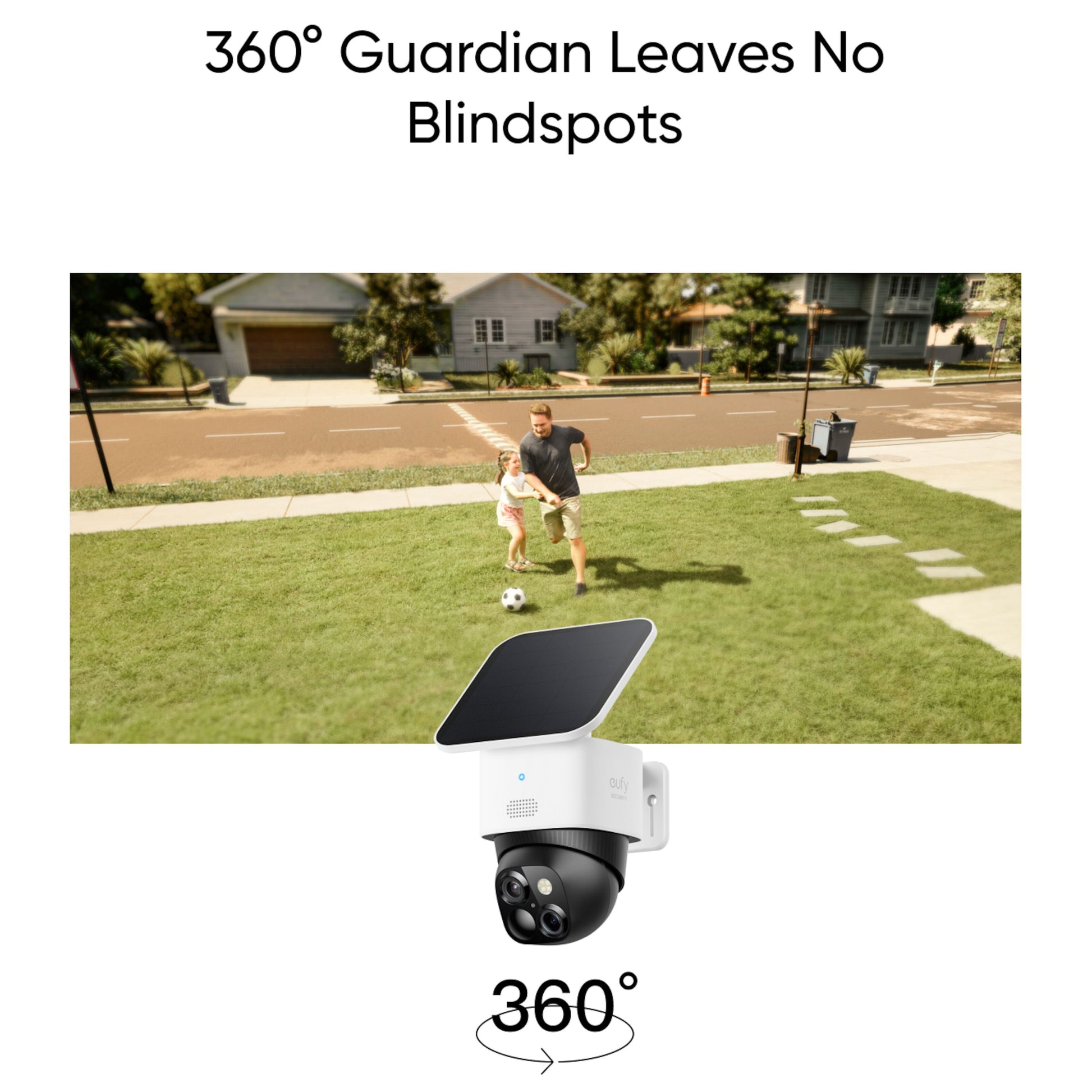 Eufy SoloCam S340 trådløs overvågningskamera med solpanel og 360° rotation, tekst: 360° Guardian efterlader ingen blinde pletter.